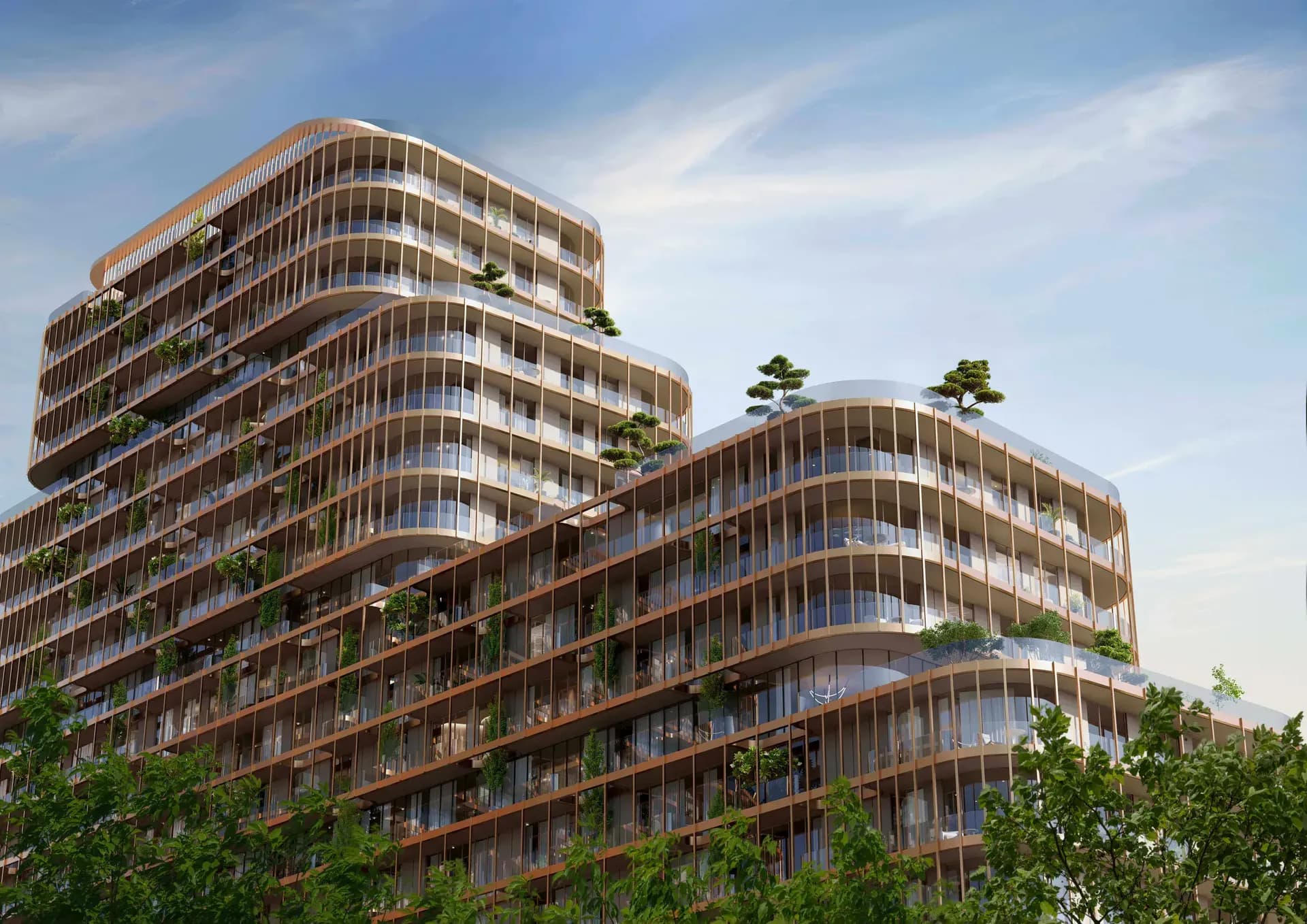 HADO by Beyond — three waterfront towers at SIØRA on Dubai Islands at dusk